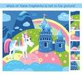 Find the hidden fragments. Puzzle game for children. Cute unicorn and castle with towers. Cartoon character vector Royalty Free Stock Photo