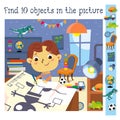 Find 10 hidden objects. Educational game for children. Cute boy draws models of robot. Cartoon character. Vector