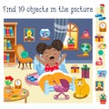 Find 10 hidden objects. Educational game for children. Cute little girl wakes up. Cartoon character. Vector illustration