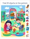 Find 10 hidden objects. Educational game for children. Vector color illustration. Cute children read books. Cartoon girl