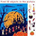 Find hidden objects. Halloween game location, fun children puzzle. Look play picture, education search brain teaser Royalty Free Stock Photo