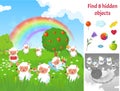 Find hidden objects. Kids puzzle game with sheep on meadow. Fun brain teaser looking different items on green garden