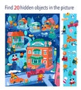 Find 20 hidden objects in picture. Christmas village with cute characters and buildings. Children Game. Activities