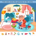 Find the hidden objects in the picture. Educational puzzle game for children. Cute cartoon grandmother with a book