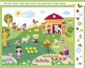 Find hidden objects in picture. Educational puzzle game for kids. Cute farmers and animals on the farm. Cartoon funny Royalty Free Stock Photo