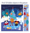 Find 10 hidden objects in picture. Funny dogs animals in forest at skating rink. New Year, Christmas tree. Puzzle with