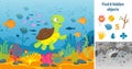 Find hidden objects. Puzzle game kids with fish. Underwater fun brain teaser looking different items. Swimming sea