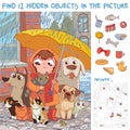 Find hidden objects. Under umbrella. Little girl protects homeless pets from rain Royalty Free Stock Photo