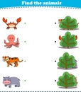 Finding Hiding Animals Child Exercise Sheet crab octopus tiger hippopotamus