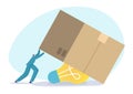 Find idea solution under box, vector illustration, flat tiny person man character lift up cardboard box for getting