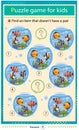 Find a item that does not have a pair. Puzzle for kids. Matching game, education game for children. Aquarium fishes. Clownfish,