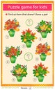 Find a item that does not have a pair. Puzzle for kids. Matching game, education game for children. Bouquets of leaves in vases.