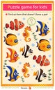 Find a item that does not have a pair. Puzzle for kids. Matching game, education game for children. Color images of aquarium