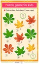 Find a item that does not have a pair. Puzzle for kids. Matching game, education game for children. Leaves of trees. Leaf of maple