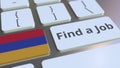 FIND A JOB text and flag of Armenia on the buttons on the computer keyboard. Employment related conceptual 3D rendering