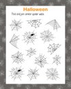 Find and join similar Halloween spider webs educational activity for children, outline hand drawn vector illustration Royalty Free Stock Photo