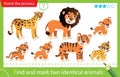 Find and mark two identical animals. Puzzle for kids. Matching game, education game for children. Color images of wild animals