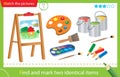 Find and mark two identical items. Puzzle for kids. Matching game, education game for children. Color image of cartoon easel with