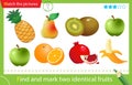 Find and mark two identical items. Puzzle for kids. Matching game, education game for children. Color image of fruits. Banana, Royalty Free Stock Photo