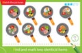 Find and mark two identical items. Puzzle for kids. Matching game, education game for children. Color image of frying pans and