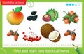 Find and mark two identical items. Puzzle for kids. Matching game, education game for children. Color images of fruits of trees