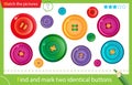 Find and mark two identical items. Puzzle for kids. Matching game, education game for children. Color images of multicolored
