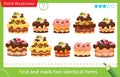 Find and mark two identical items. Puzzle for kids. Matching game, education game for children. Holiday cakes. Pastry and bakery.