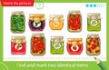 Find and mark two identical items. Puzzle for kids. Matching game, education game for children. Jars of jams and pickles.