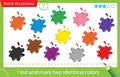 Find and mark two identical items. Puzzle for kids. Matching game, education game for children. Multicolored paint. Worksheet for