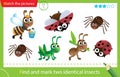 Find and mark two identical items. Puzzle for kids. Matching game, education game for children. Color images of cartoon insects. Royalty Free Stock Photo