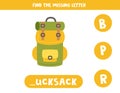 Find missing letter with camping backpack. Spelling worksheet.