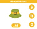 Find missing letter with camping hat. Spelling worksheet.