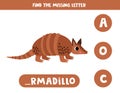 Find missing letter with cartoon armadillo. Spelling worksheet.