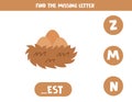 Find missing letter with cartoon nest. Spelling worksheet.