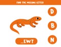 Find missing letter with cartoon newt. Spelling worksheet.