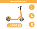 Find missing letter. Cartoon scooter. Educational game.