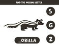 Find missing letter with cartoon zorilla. Spelling worksheet.