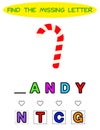 Find Missing Letter. Christmas Candy. Educational Spelling Game For Kids.Education Puzzle For Children Find Missing