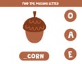 Find missing letter with cartoon acorn. Spelling worksheet