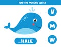 Find missing letter with cute cartoon blue whale.