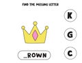 Find missing letter with cute crown. Spelling worksheet.