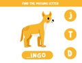 Find missing letter. Cute cartoon dingo dog. Educational spelling game for kids.