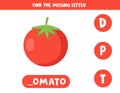 Find missing letter with cute cartoon red tomato.