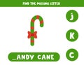 Find missing letter with cute Christmas candy cane. Spelling worksheet