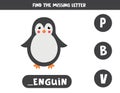 Find missing letter and write it down. Cute cartoon penguin. Royalty Free Stock Photo