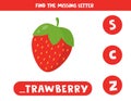 Find missing letter with cute cartoon red strawberry.