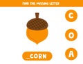 Find missing letter with hand drawn acorn. Spelling worksheet