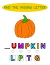 Find missing letter.Orange pumpkin. Educational spelling game for kids.Education puzzle for children find missing letter