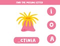 Find missing letter with pink actinia. Spelling worksheet