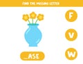 Find missing letter with vase with flowers. Spelling worksheet.